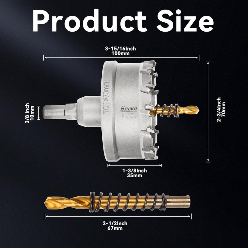 Henvo Hole Saw 2-3/4" (70mm) Heavy Duty Carbide with 2 Pilot Drill Bits - Metal Hole Cutter Cuts Stainless Steel, Iron, Copper, Brass, Plastic - Image 2